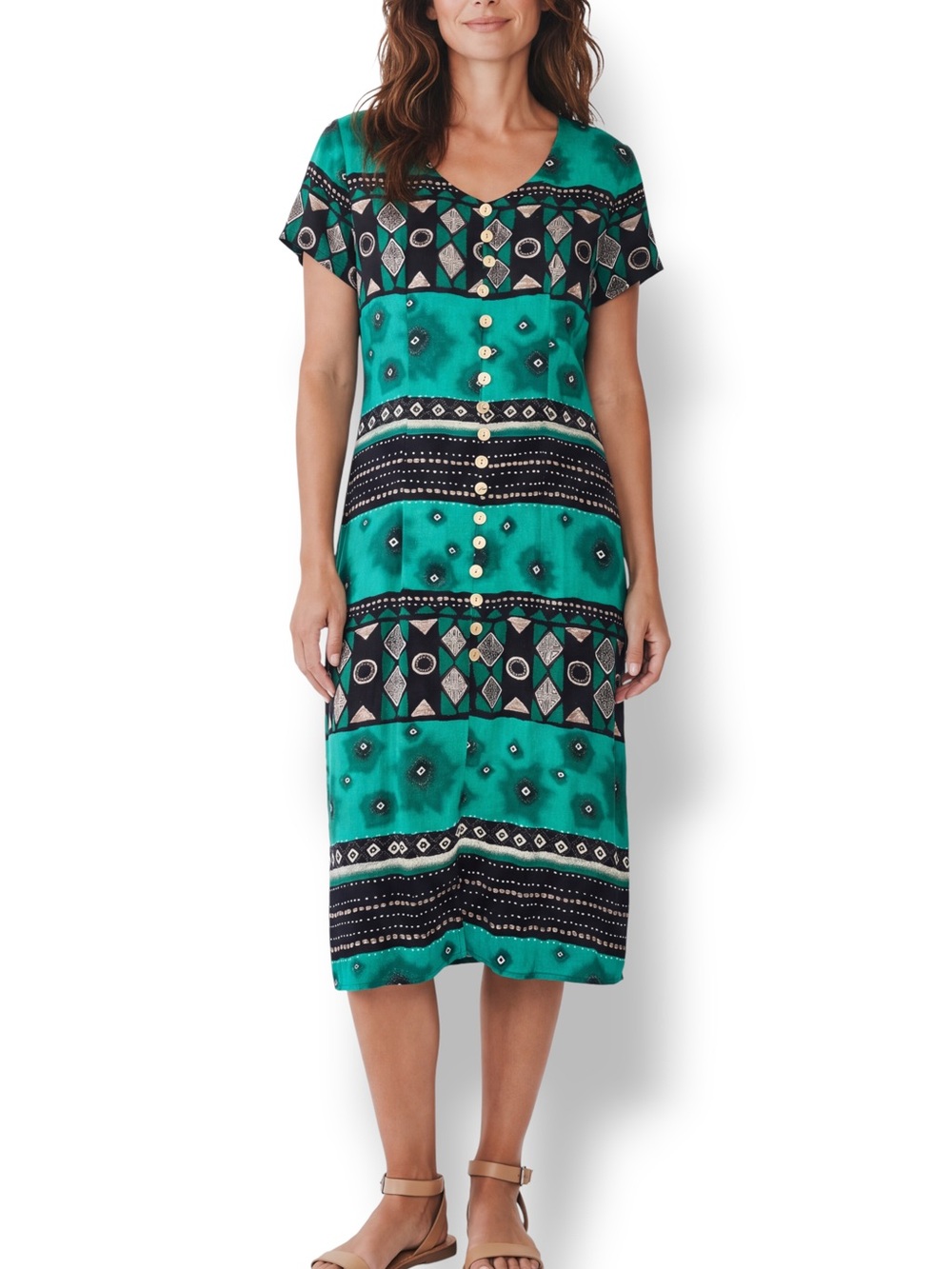 4/$20 Nina Piccalino Vintage Green Black Geometric Button Front Dress 8
